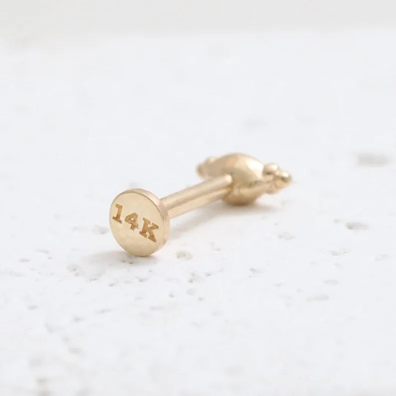 14K Gold Cartilage Helix Tragus Conch Black Diamond Evil Eye Internally Threaded Flat Back Earring Labret