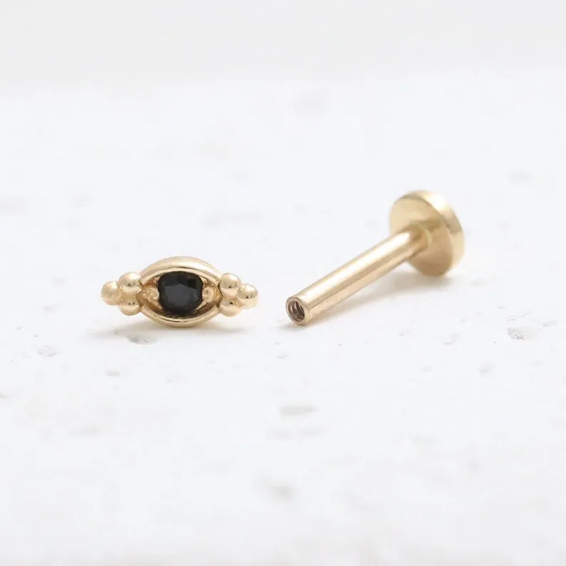 14K Gold Cartilage Helix Tragus Conch Black Diamond Evil Eye Internally Threaded Flat Back Earring Labret