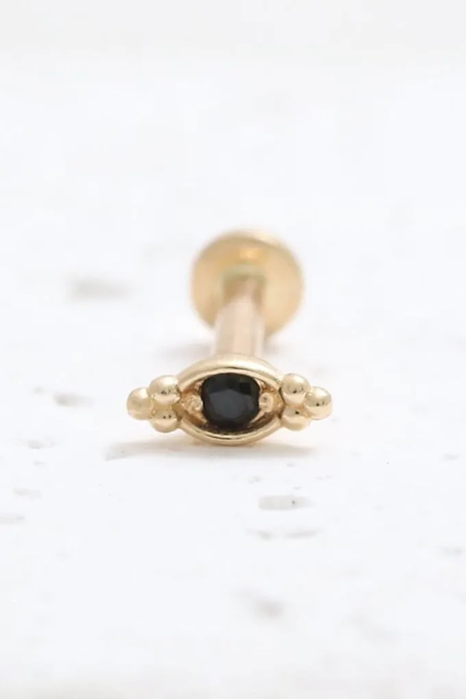 14K Gold Cartilage Helix Tragus Conch Black Diamond Evil Eye Internally Threaded Flat Back Earring Labret