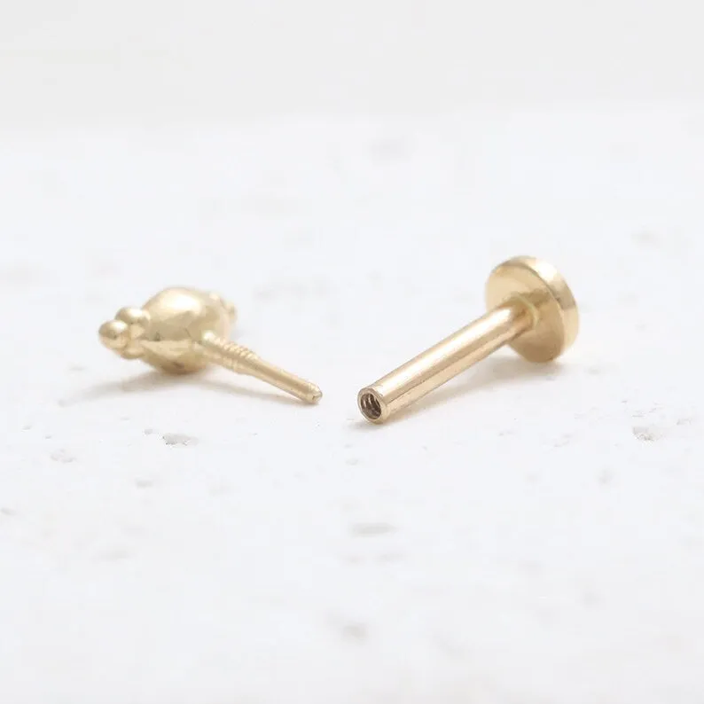 14K Gold Cartilage Helix Tragus Conch Black Diamond Evil Eye Internally Threaded Flat Back Earring Labret