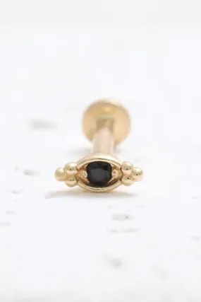 14K Gold Cartilage Helix Tragus Conch Black Diamond Evil Eye Internally Threaded Flat Back Earring Labret