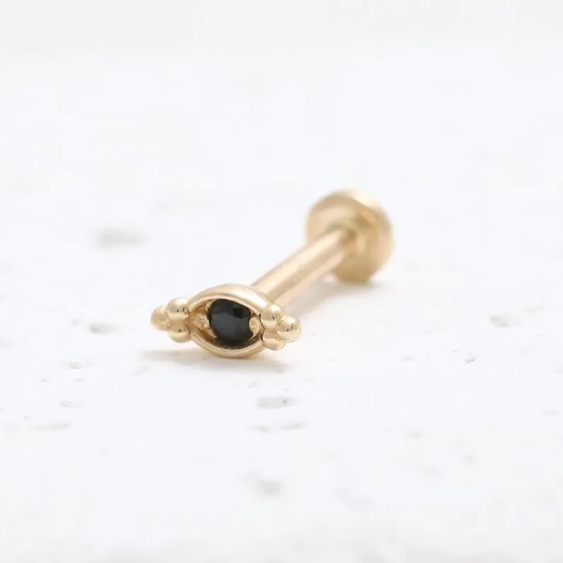 14K Gold Cartilage Helix Tragus Conch Black Diamond Evil Eye Internally Threaded Flat Back Earring Labret