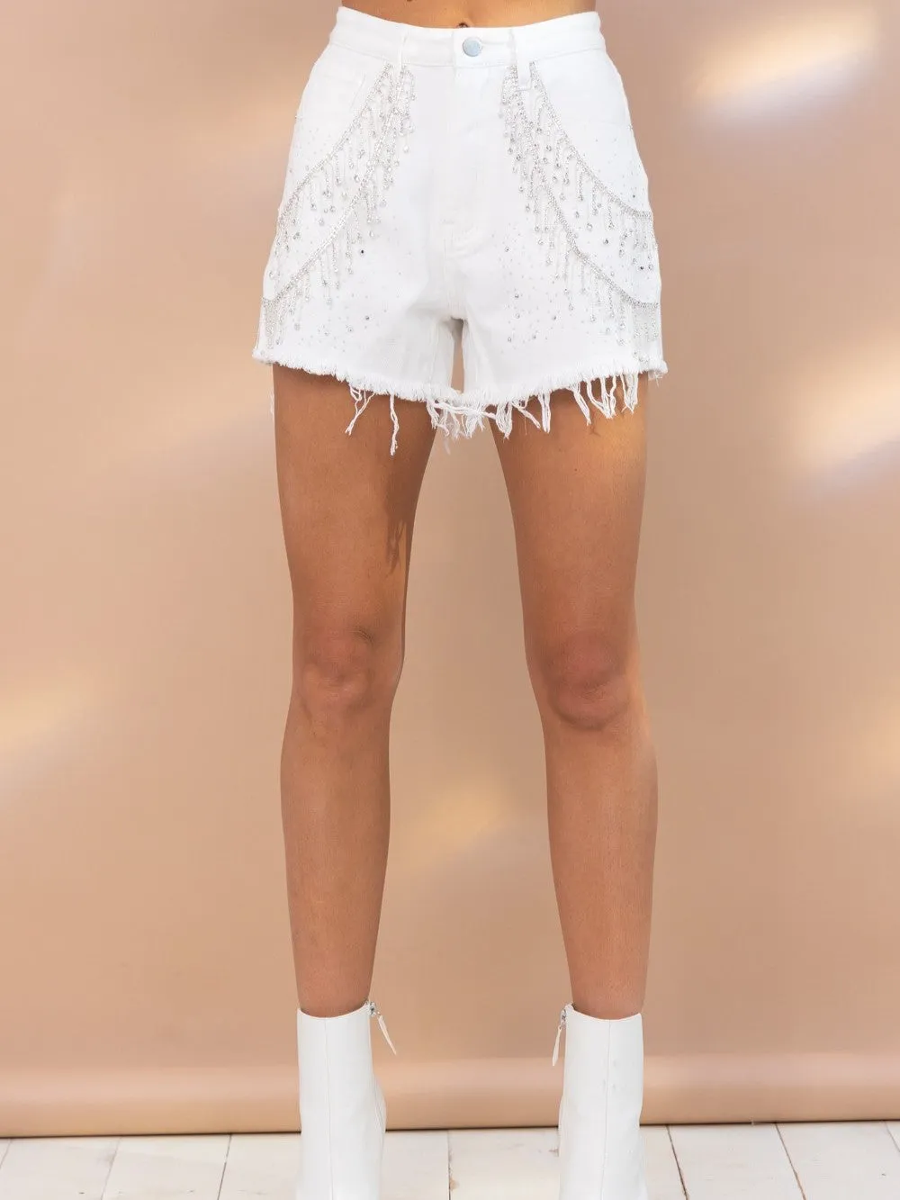 27 Alabama Gem Rhinestone Fringe Denim Shorts