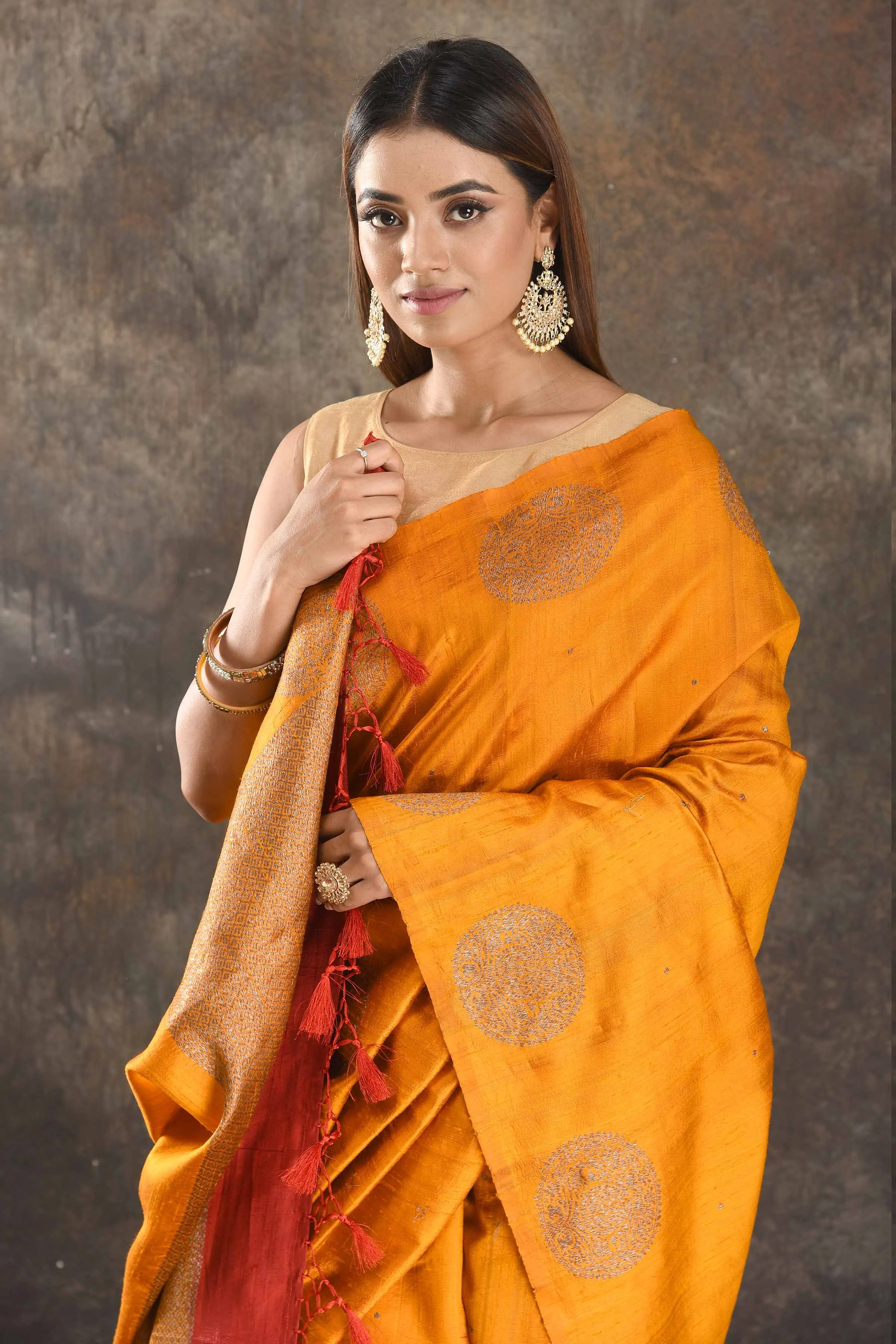 90N401-RO Mango Yellow Tussar Banarasi Sari with Antique Zari Buta