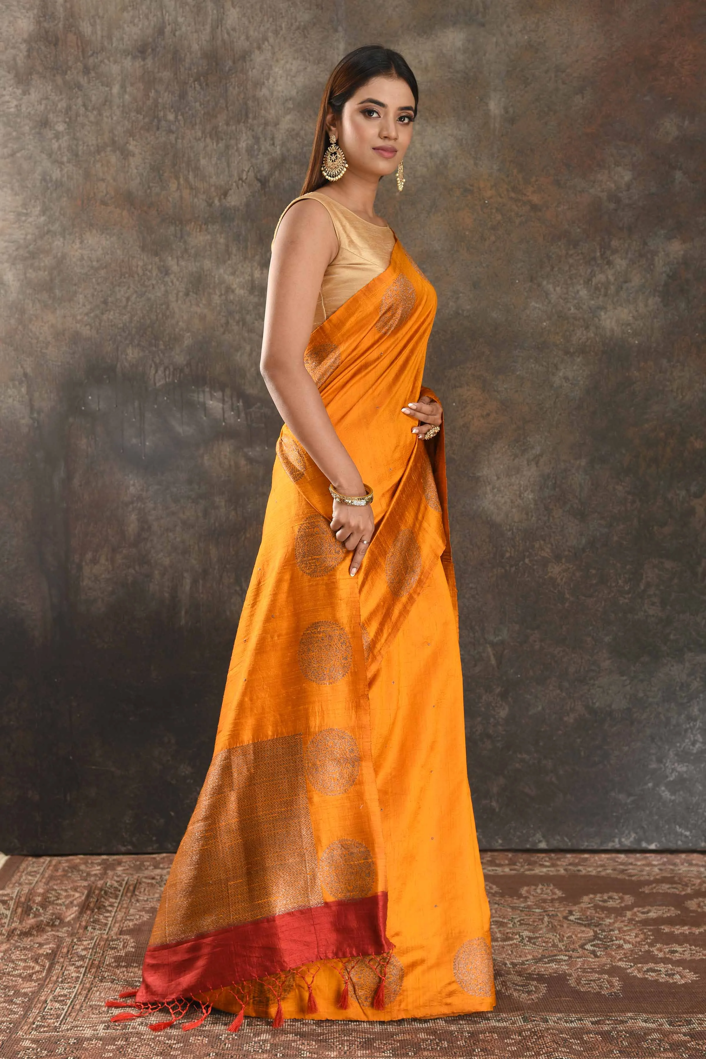 90N401-RO Mango Yellow Tussar Banarasi Sari with Antique Zari Buta