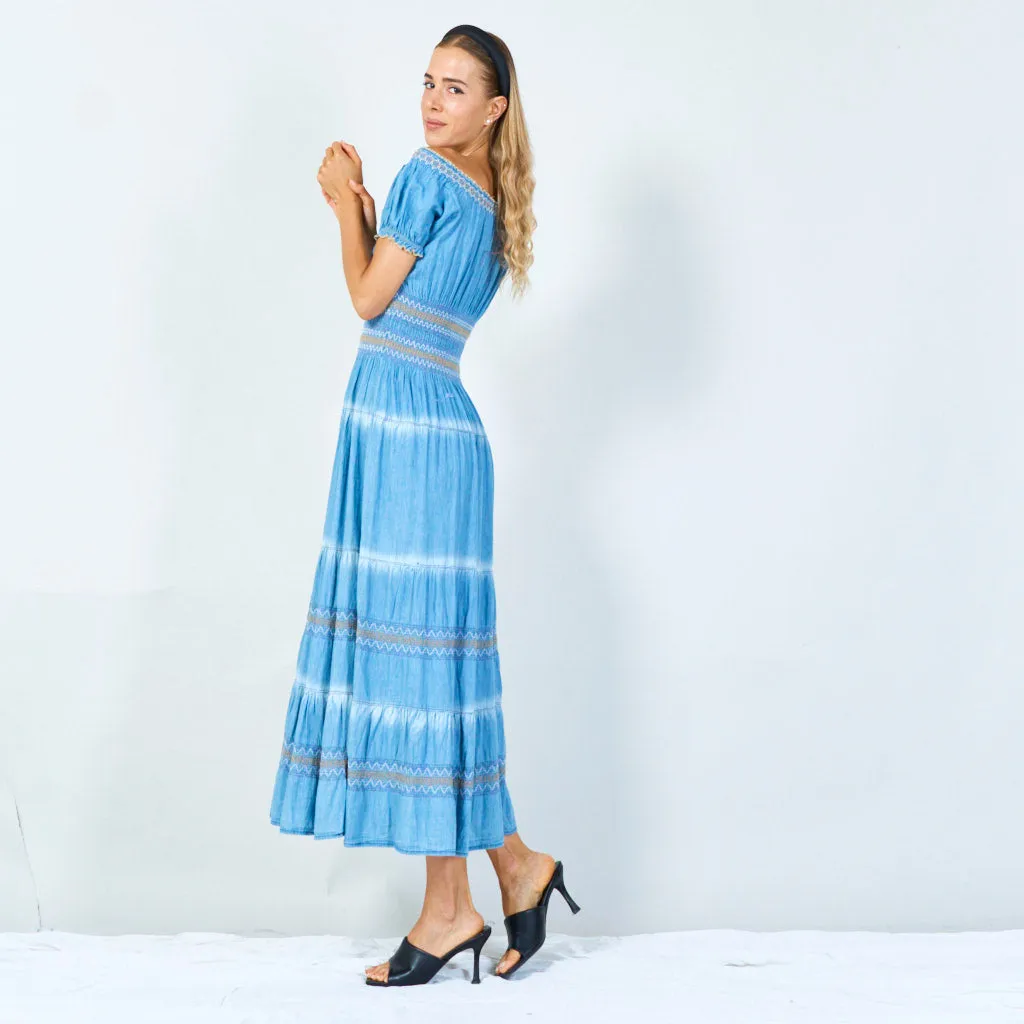 Boho button-front denim maxi dress wholesale