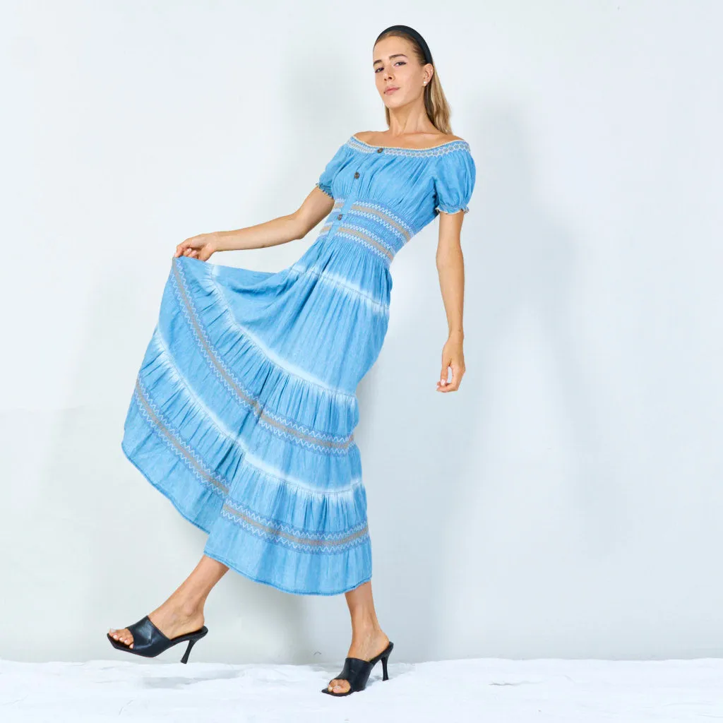 Boho button-front denim maxi dress wholesale