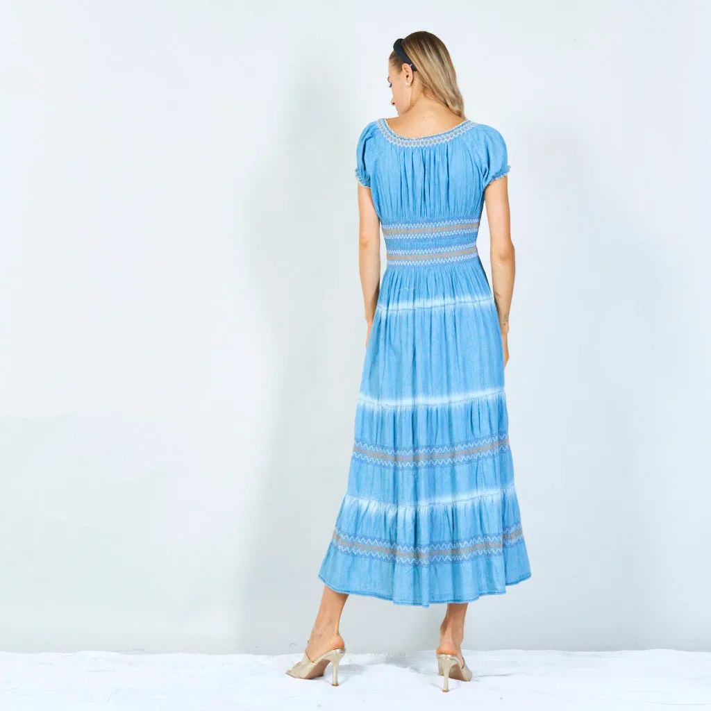 Boho button-front denim maxi dress wholesale