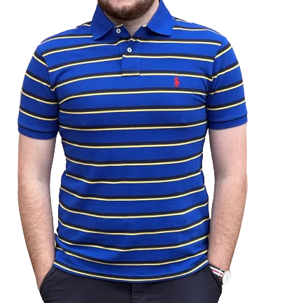 Royal Blue, Yellow & Black Striped Custom Fit Mesh Polo Shirt