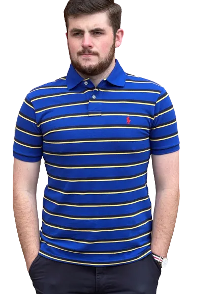 Royal Blue, Yellow & Black Striped Custom Fit Mesh Polo Shirt