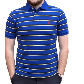 Royal Blue, Yellow & Black Striped Custom Fit Mesh Polo Shirt