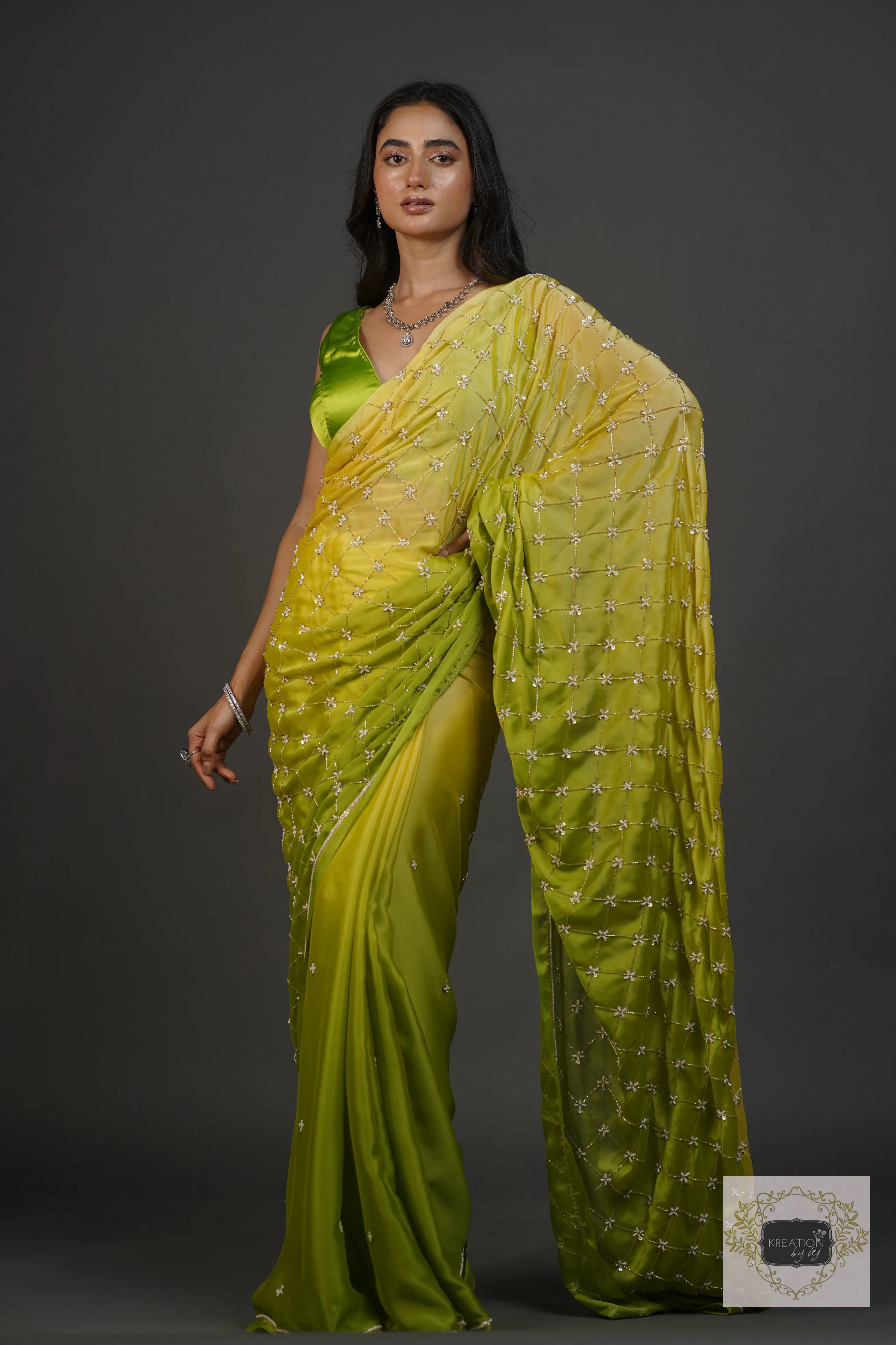 Mango Bite Ombre Cutdana Jaal Saree