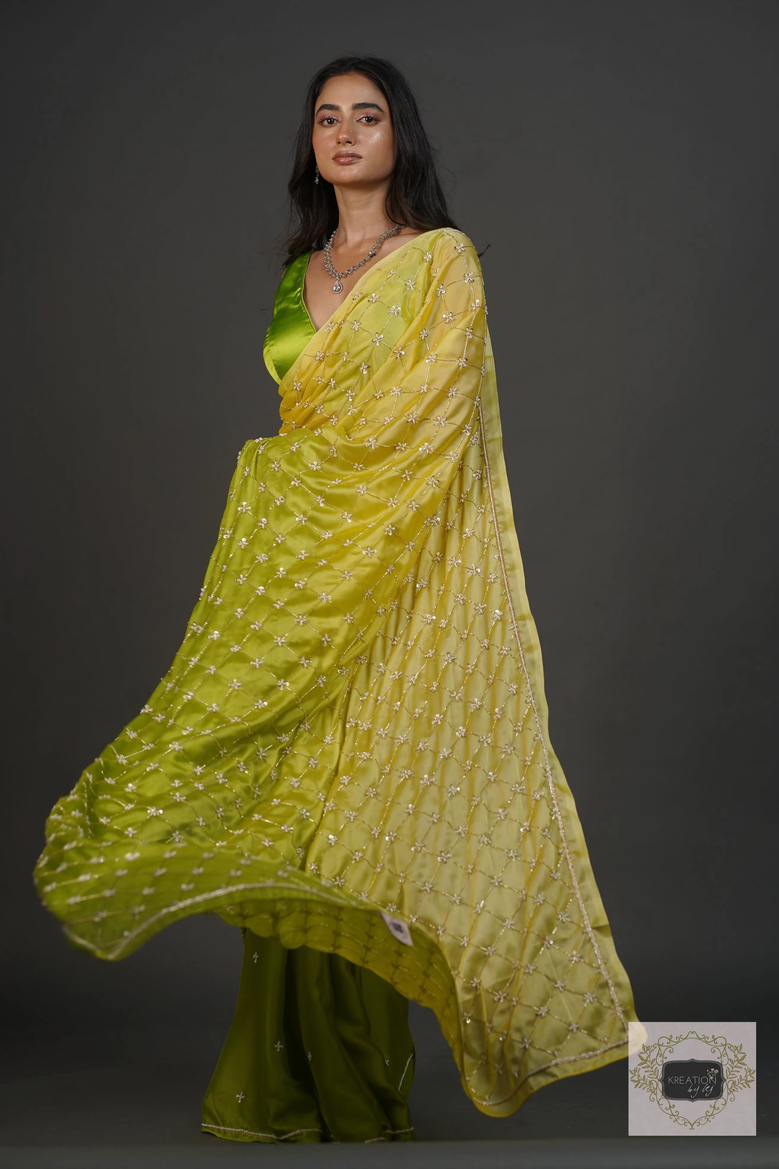 Mango Bite Ombre Cutdana Jaal Saree