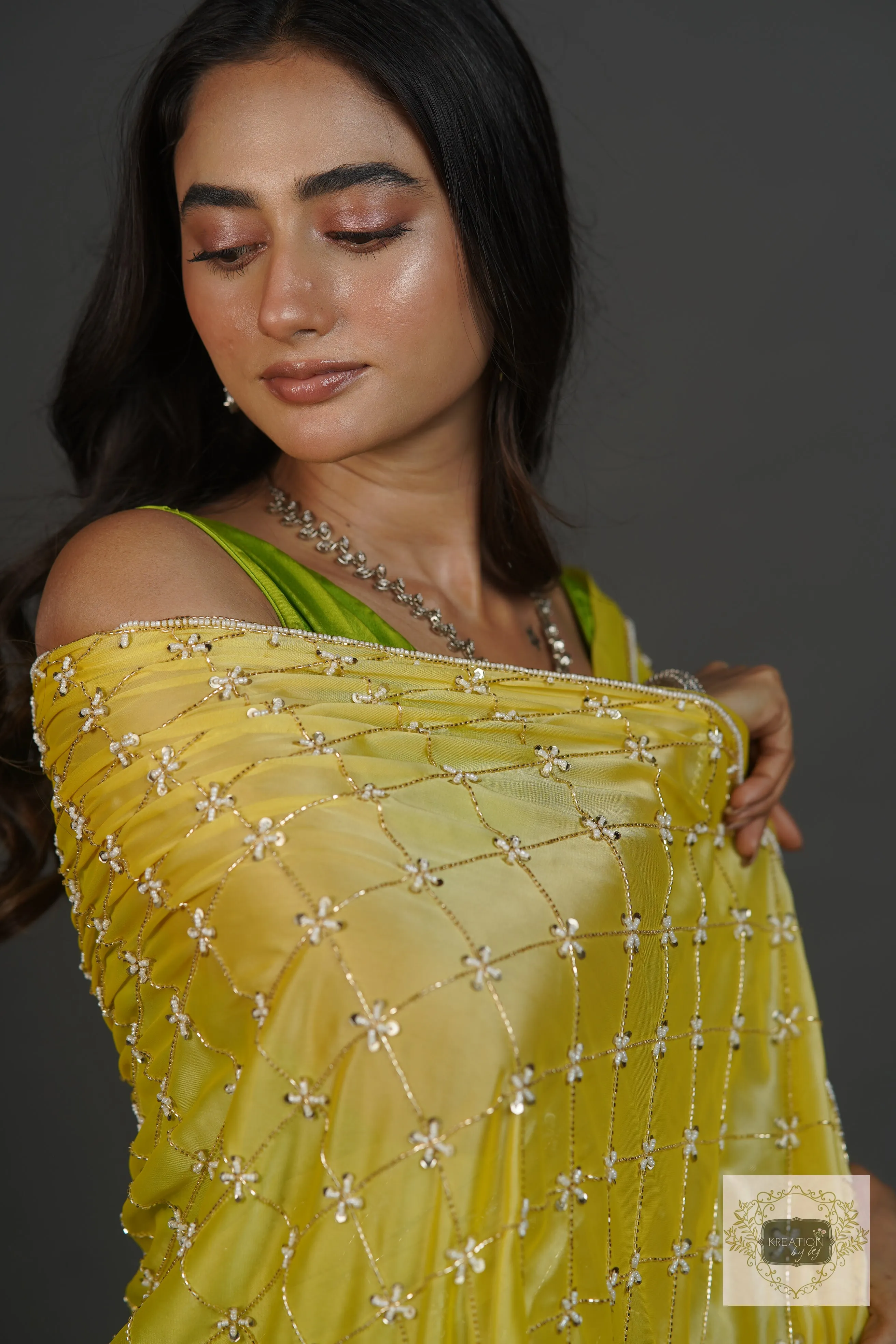 Mango Bite Ombre Cutdana Jaal Saree