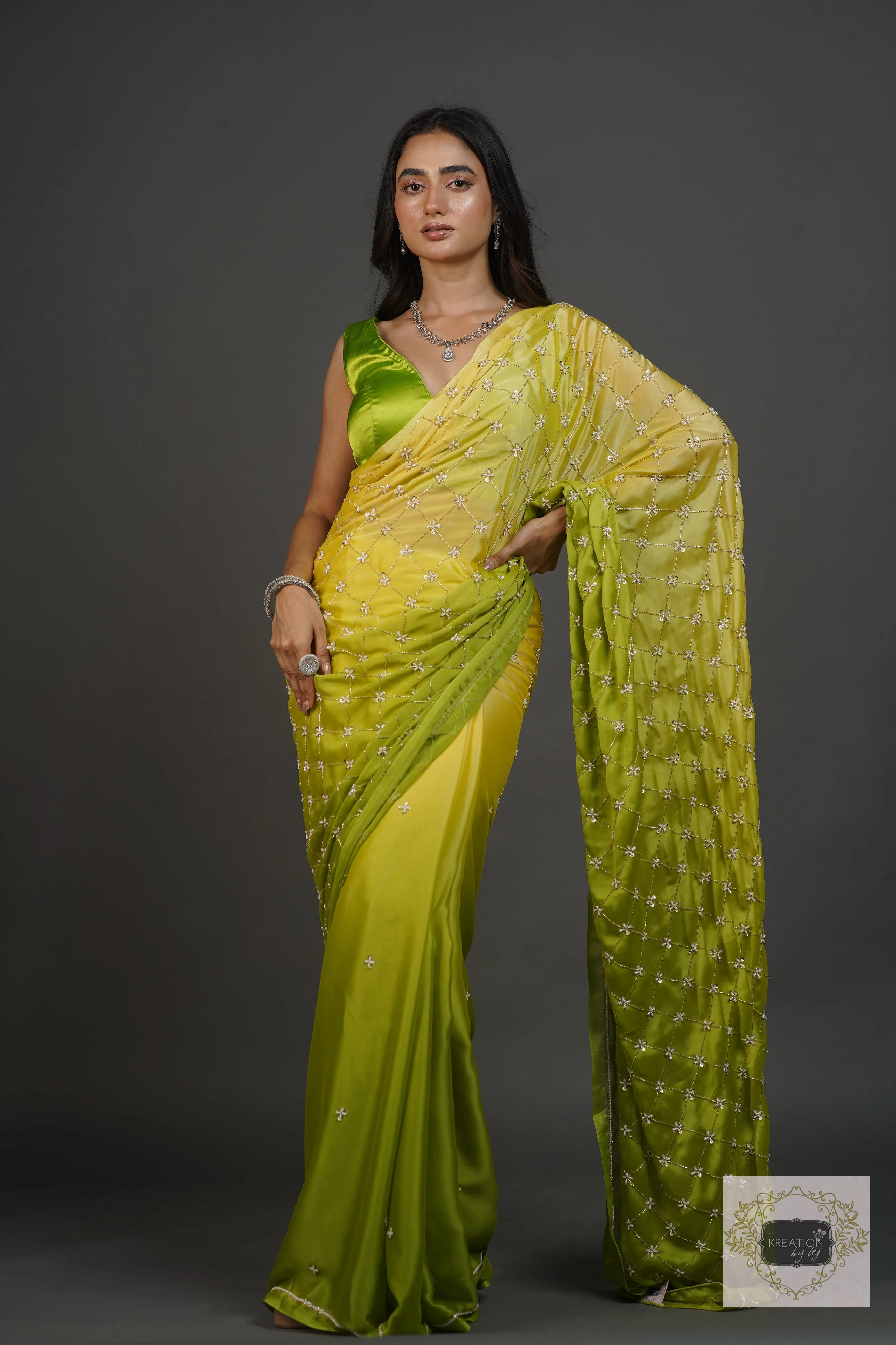 Mango Bite Ombre Cutdana Jaal Saree