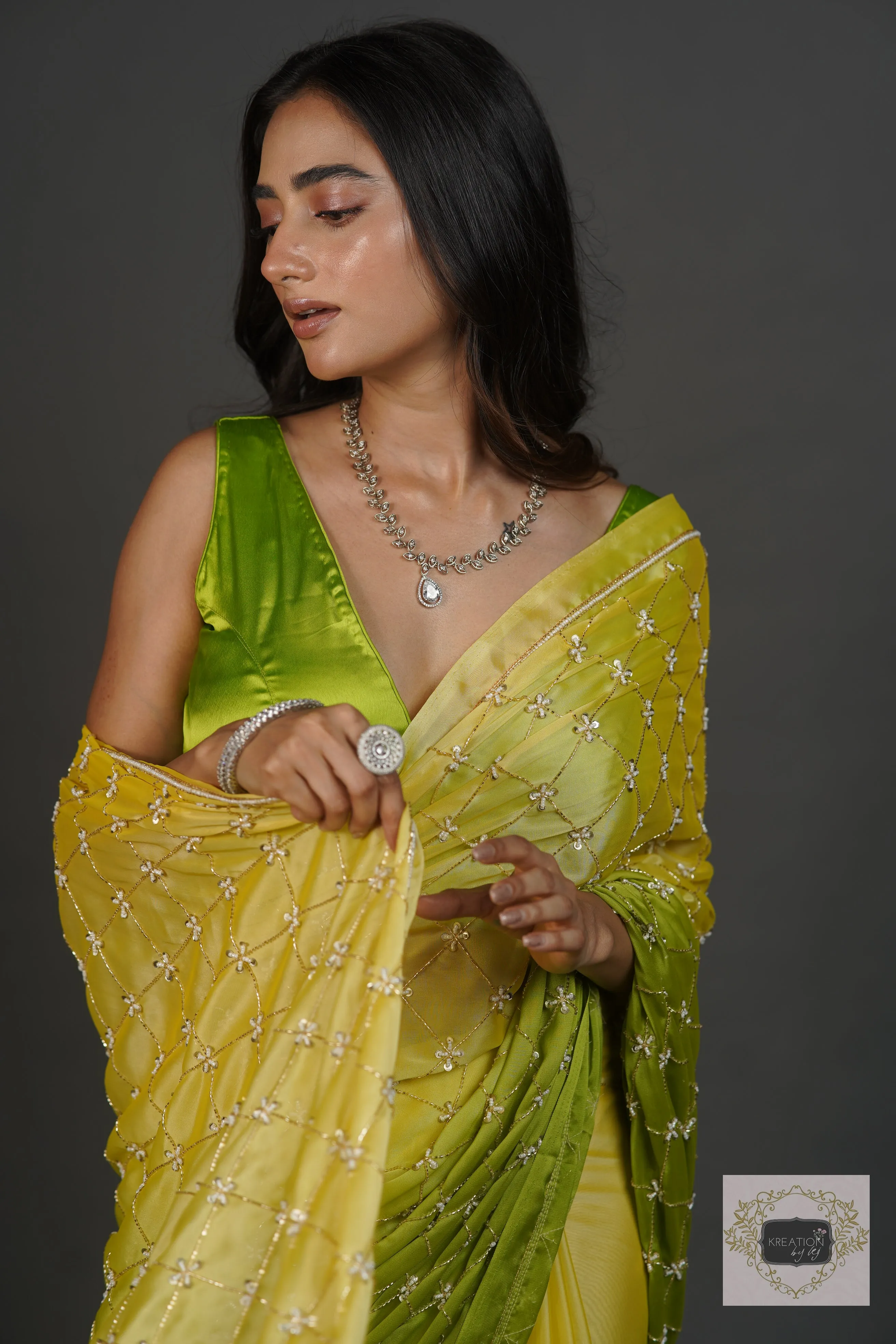 Mango Bite Ombre Cutdana Jaal Saree