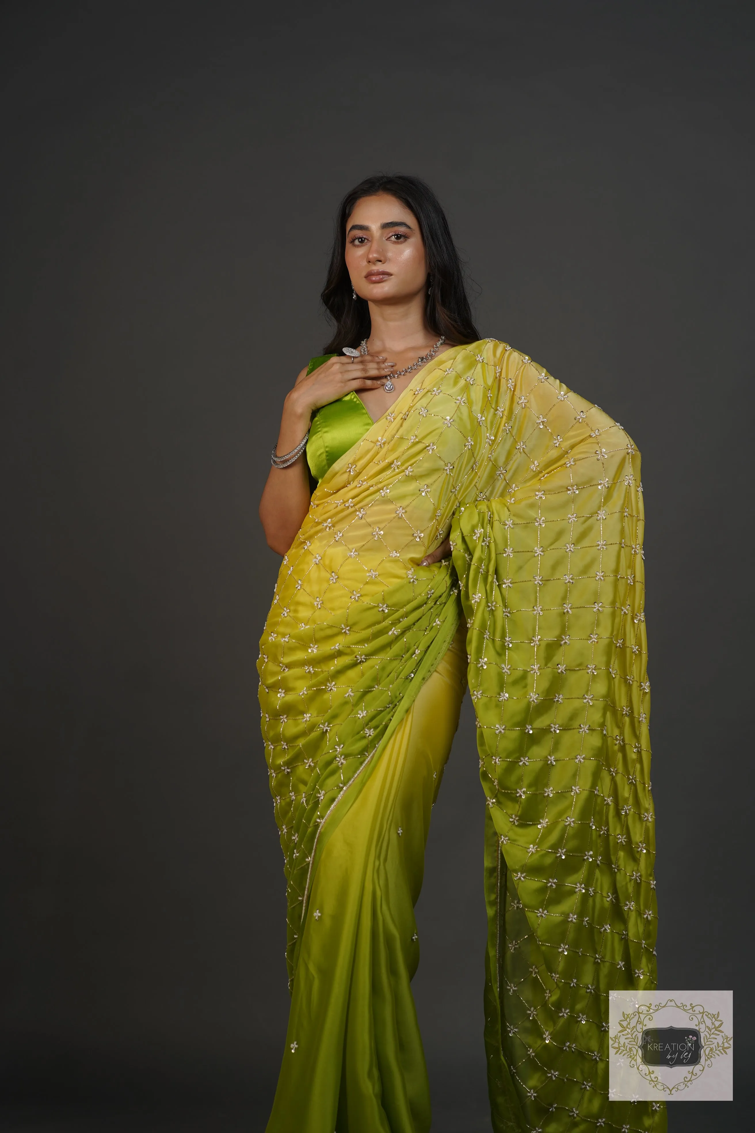 Mango Bite Ombre Cutdana Jaal Saree