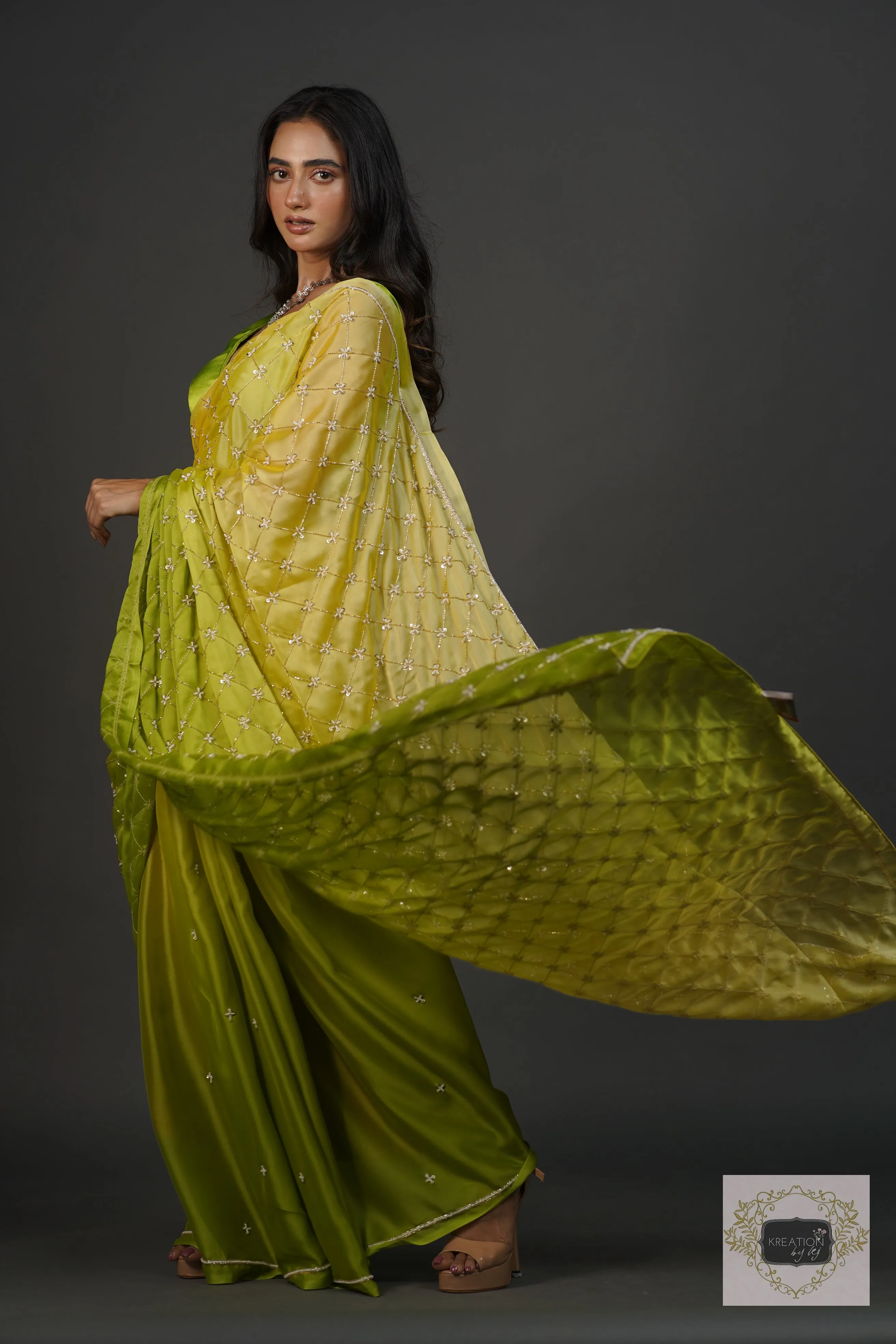 Mango Bite Ombre Cutdana Jaal Saree