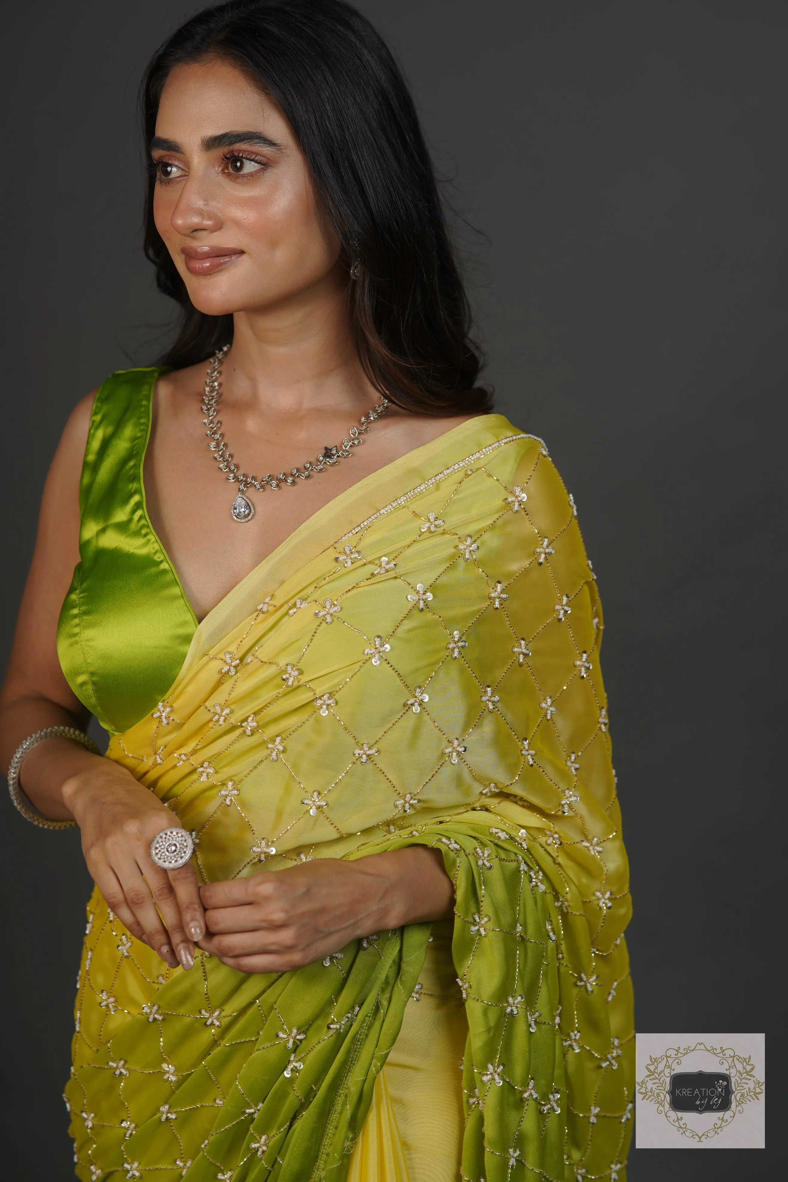 Mango Bite Ombre Cutdana Jaal Saree