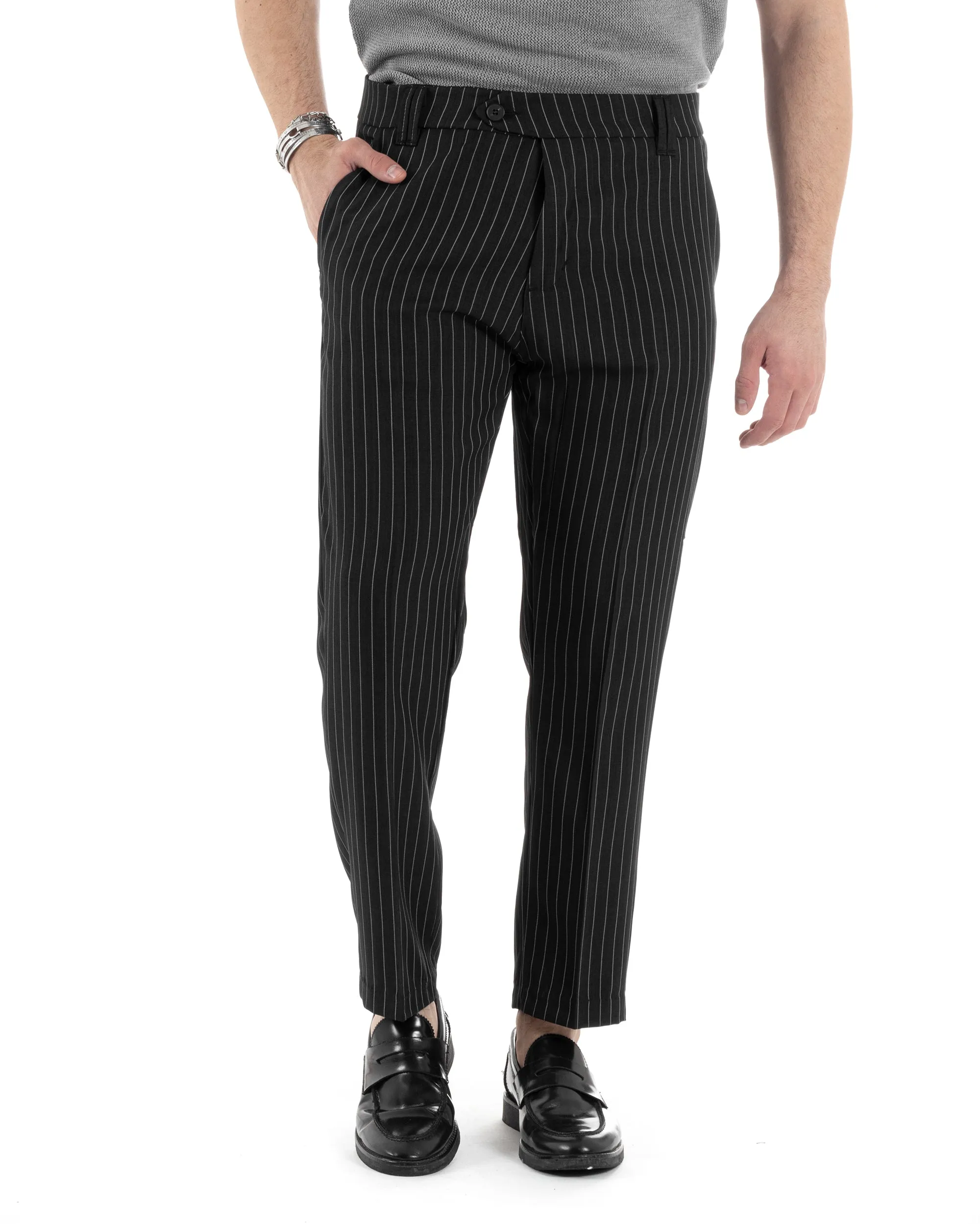 Pantaloni Uomo Gessati Viscosa Tasca America Rigato Classico Abbottonatura Allungata Casual Nero GIOSAL-P6034A