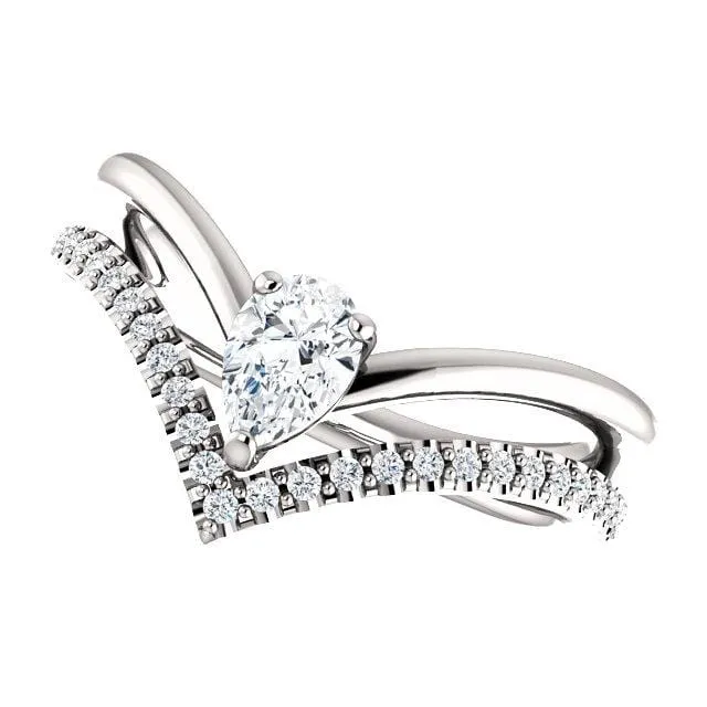 Prong Set Pear Moissanite and Diamond Double V-Band Ring