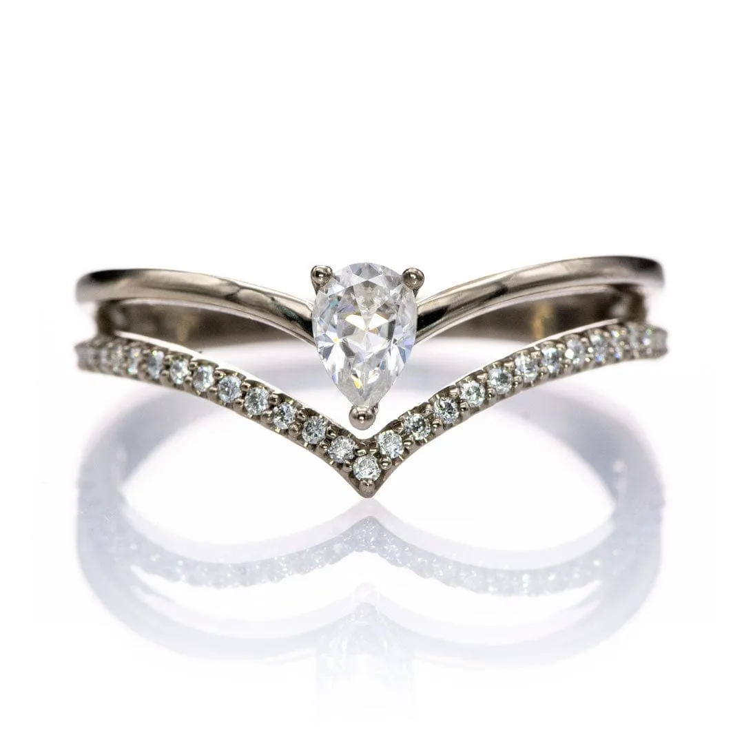 Prong Set Pear Moissanite and Diamond Double V-Band Ring