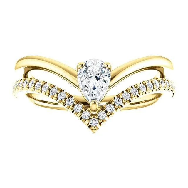 Prong Set Pear Moissanite and Diamond Double V-Band Ring