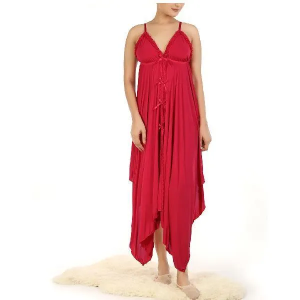 Red Nighty Long Sexy Nighty 2 Piece Extra Flare Triangle Cup and Sleeveless Nightwear