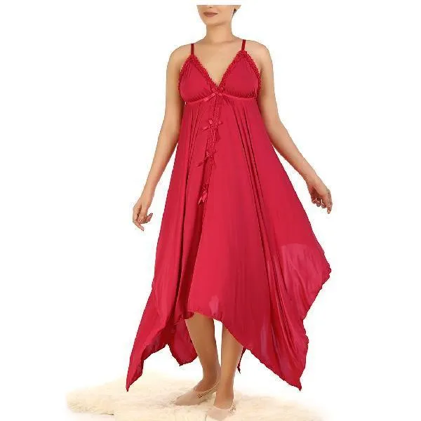 Red Nighty Long Sexy Nighty 2 Piece Extra Flare Triangle Cup and Sleeveless Nightwear