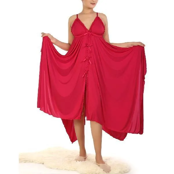 Red Nighty Long Sexy Nighty 2 Piece Extra Flare Triangle Cup and Sleeveless Nightwear