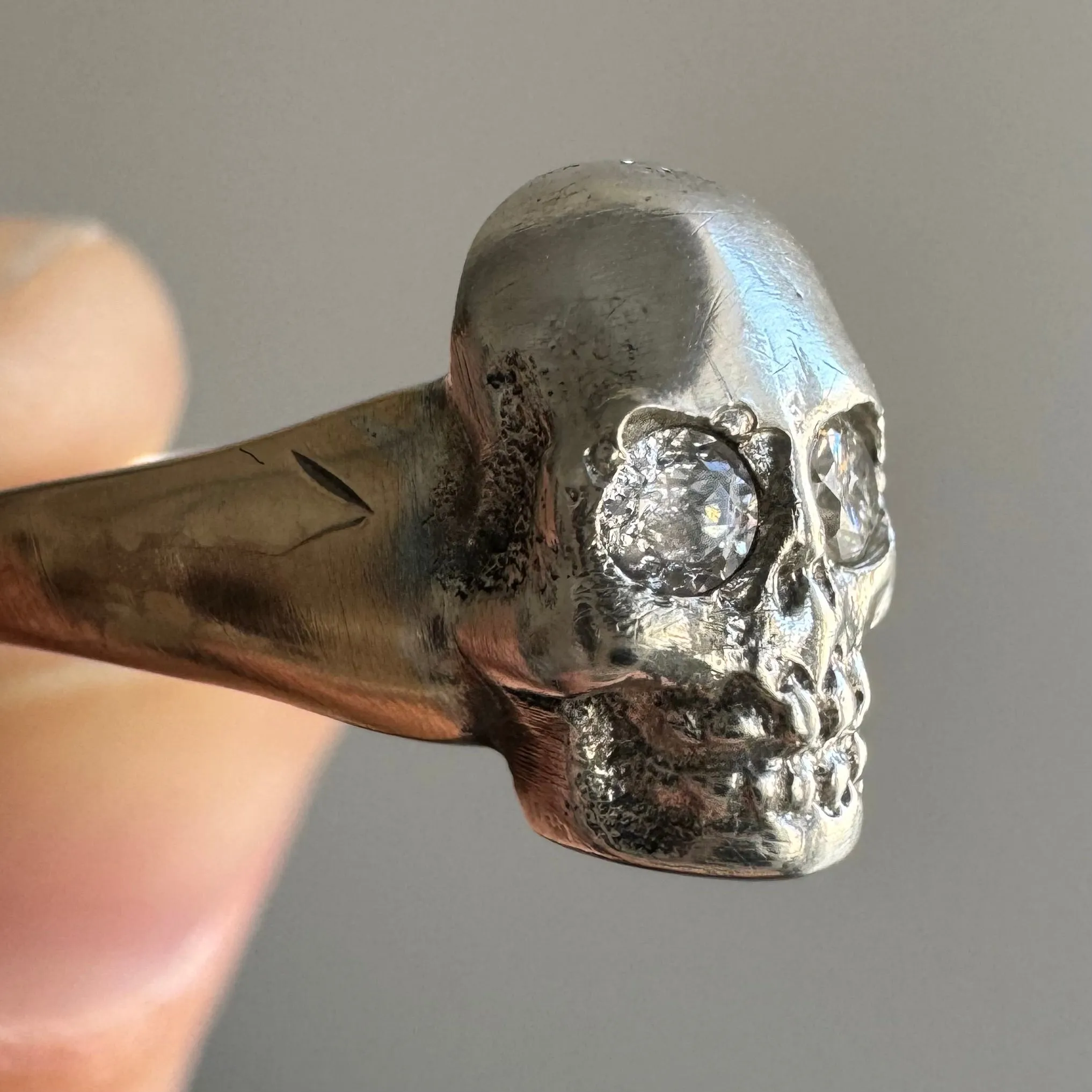 reimagined V I N T A G E // bicolor Memento Mori / 9ct and sterling silver signet ring with diamonds / a skull ring / size 7 to 7.25