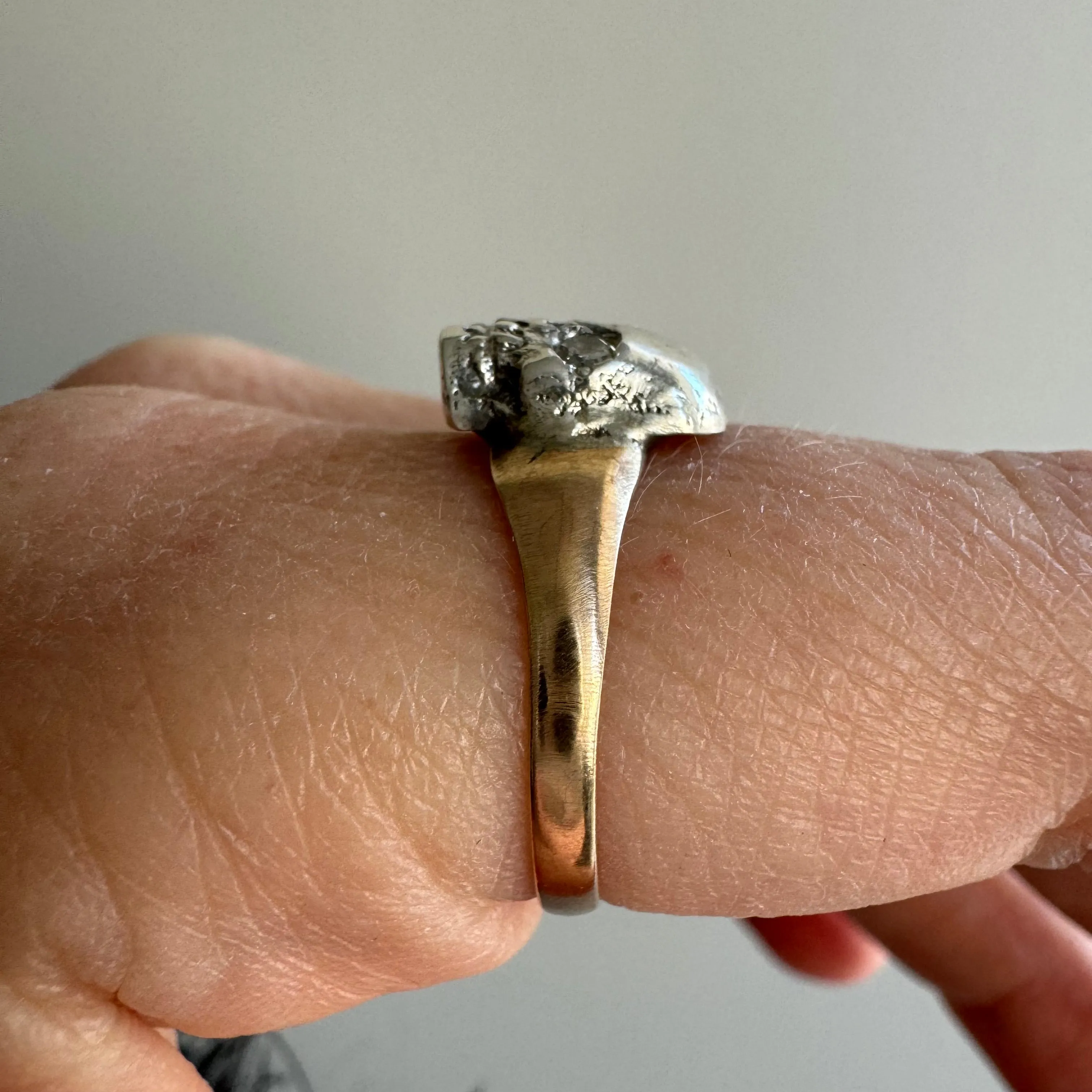 reimagined V I N T A G E // bicolor Memento Mori / 9ct and sterling silver signet ring with diamonds / a skull ring / size 7 to 7.25