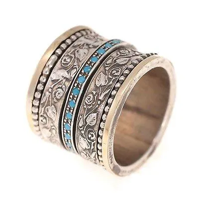 Spinning Ring 9K Gold and Sterling Silver With Crystals Stones