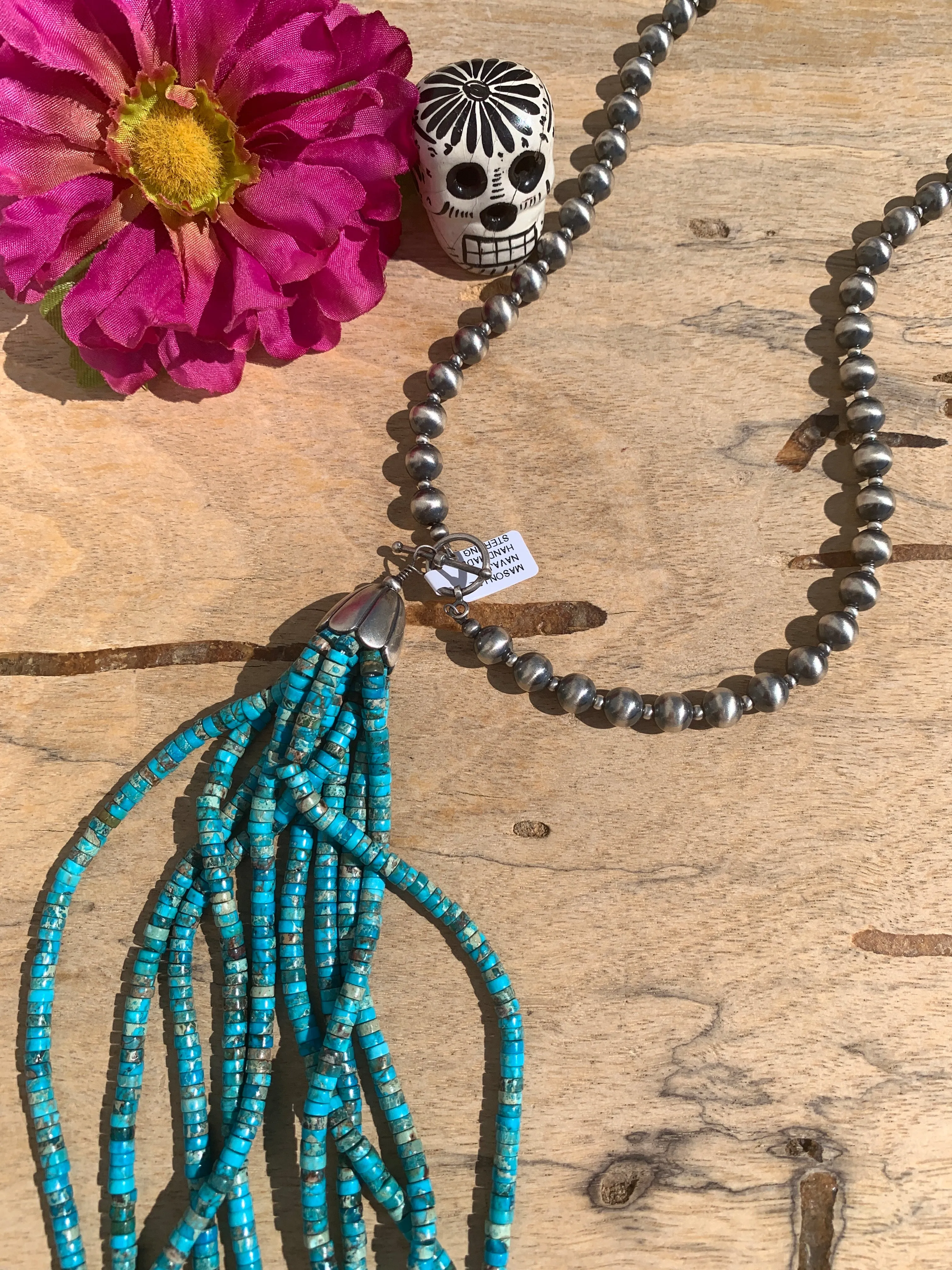 Sterling Pearl and Turquoise Tassel Necklace