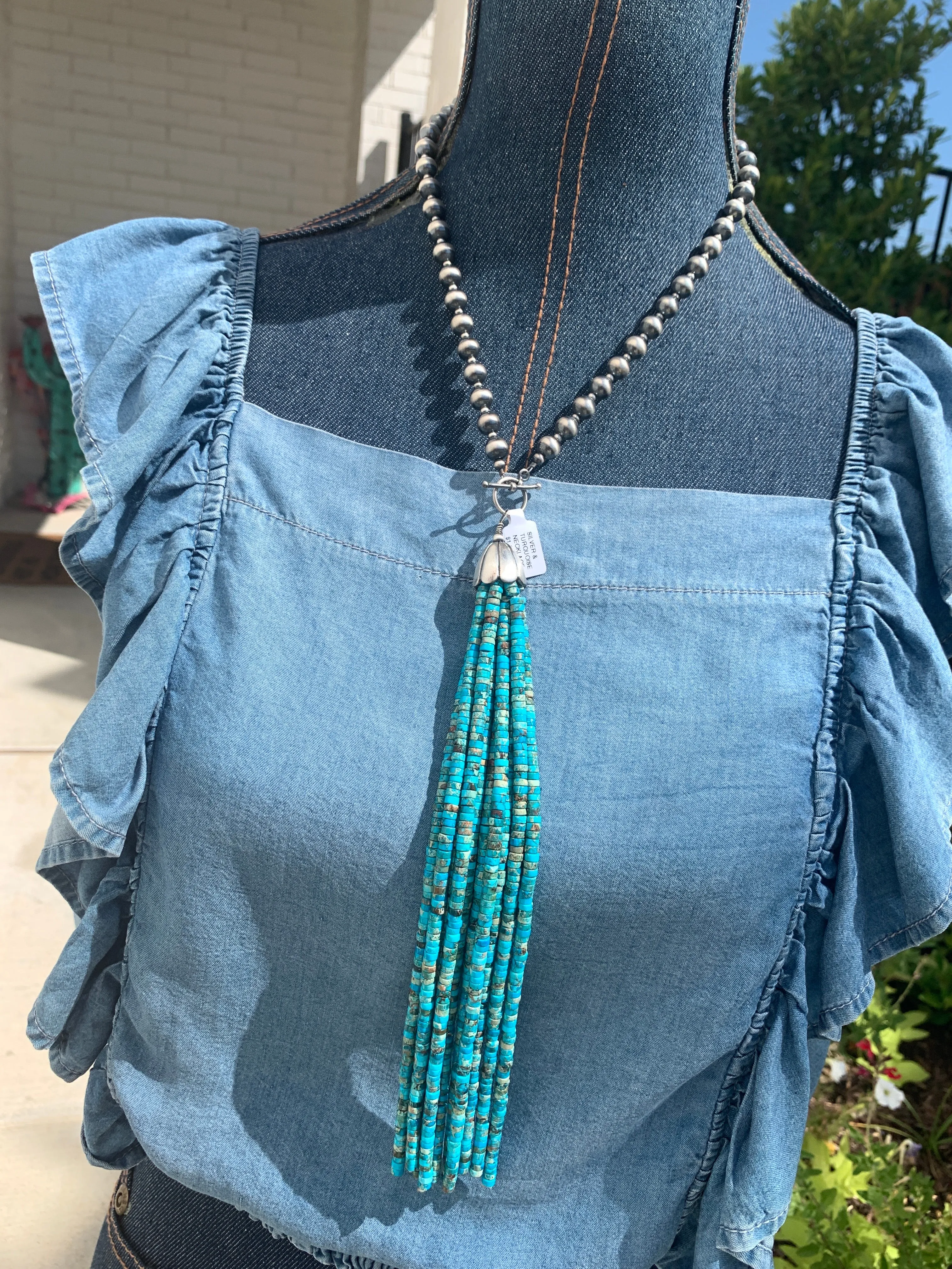 Sterling Pearl and Turquoise Tassel Necklace