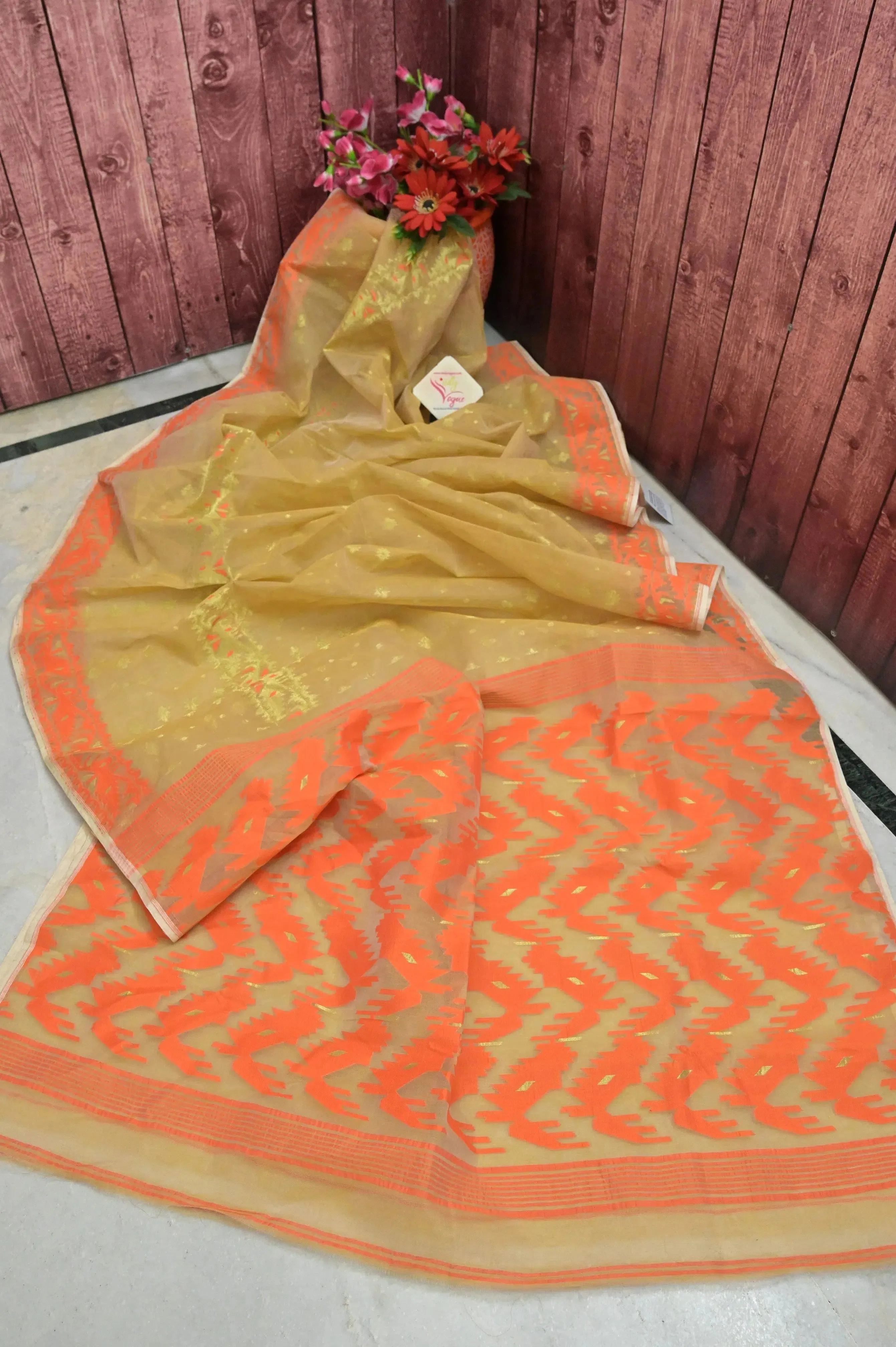 Tussar and Orange Color Jamdani Saree with Gap Border