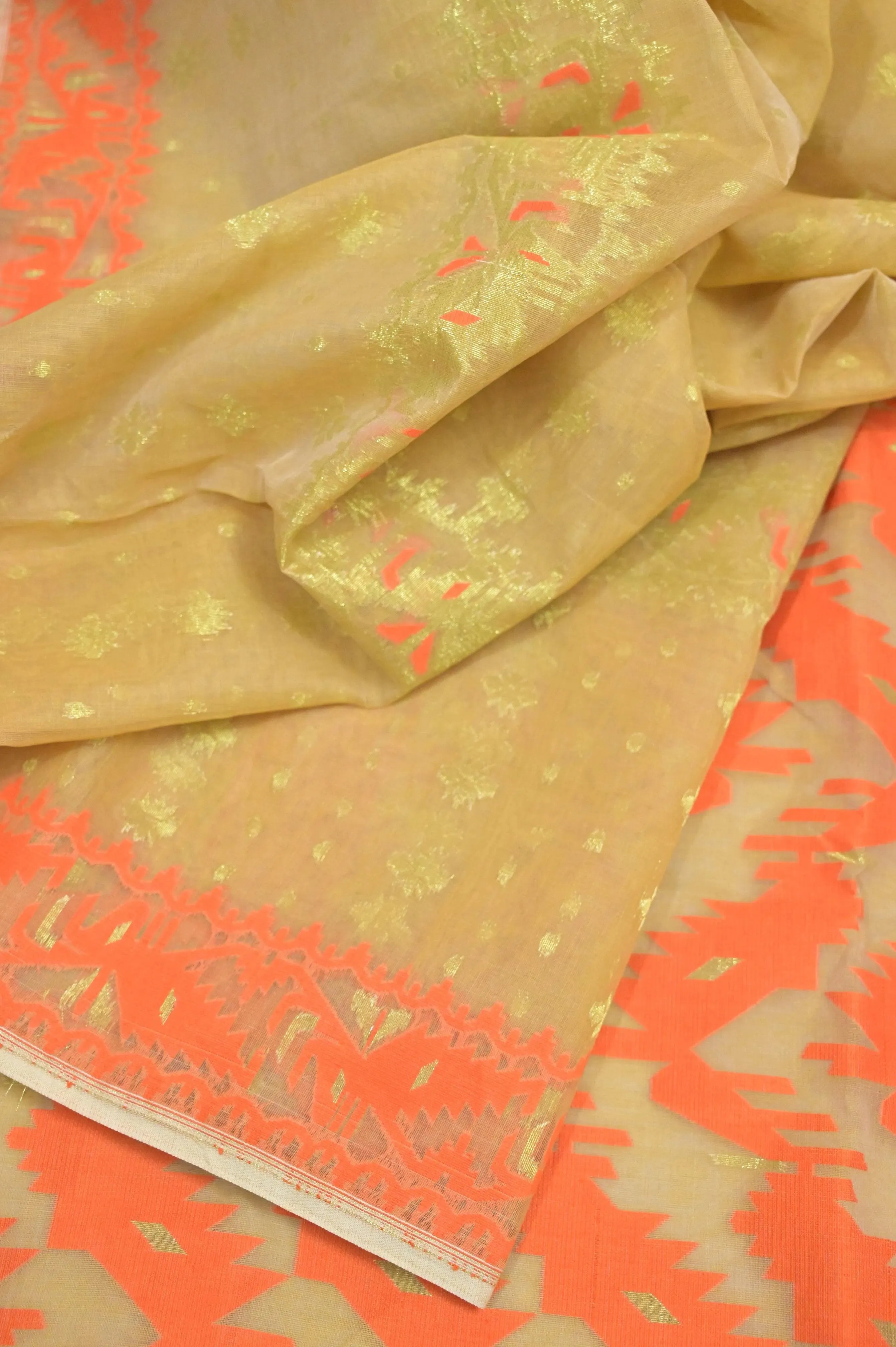 Tussar and Orange Color Jamdani Saree with Gap Border