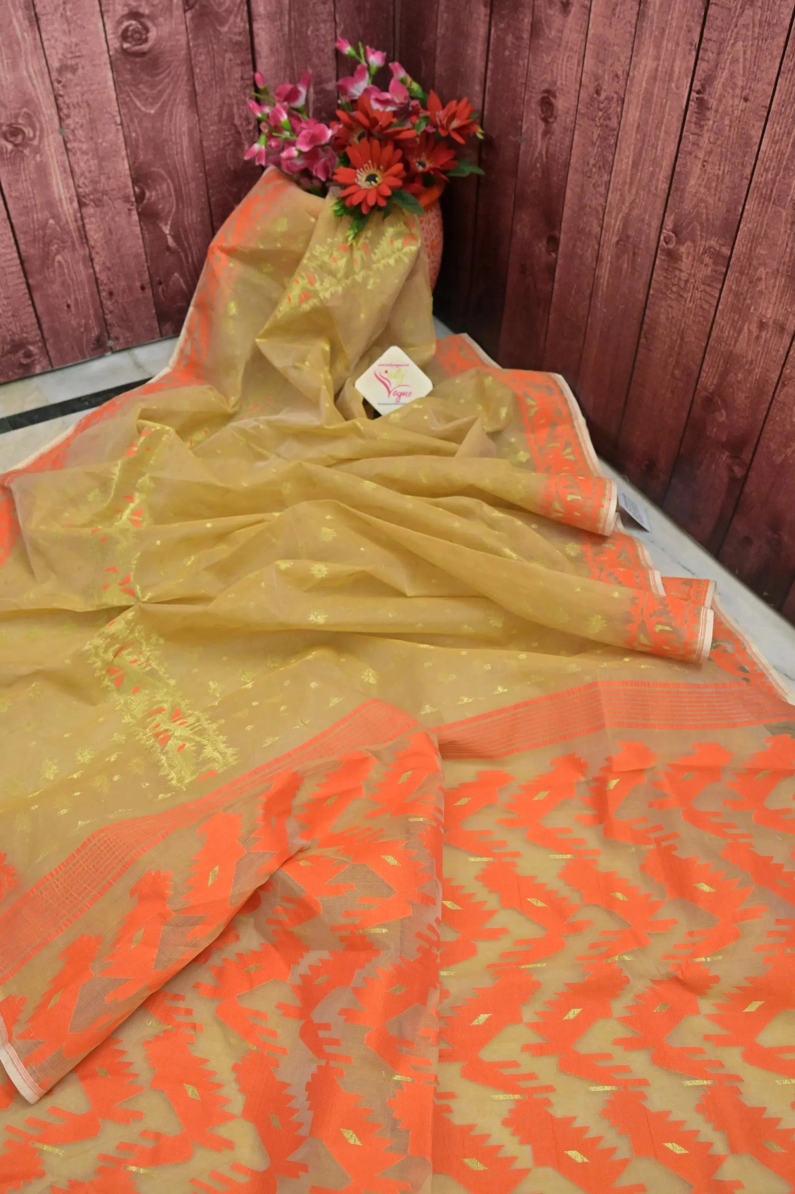 Tussar and Orange Color Jamdani Saree with Gap Border