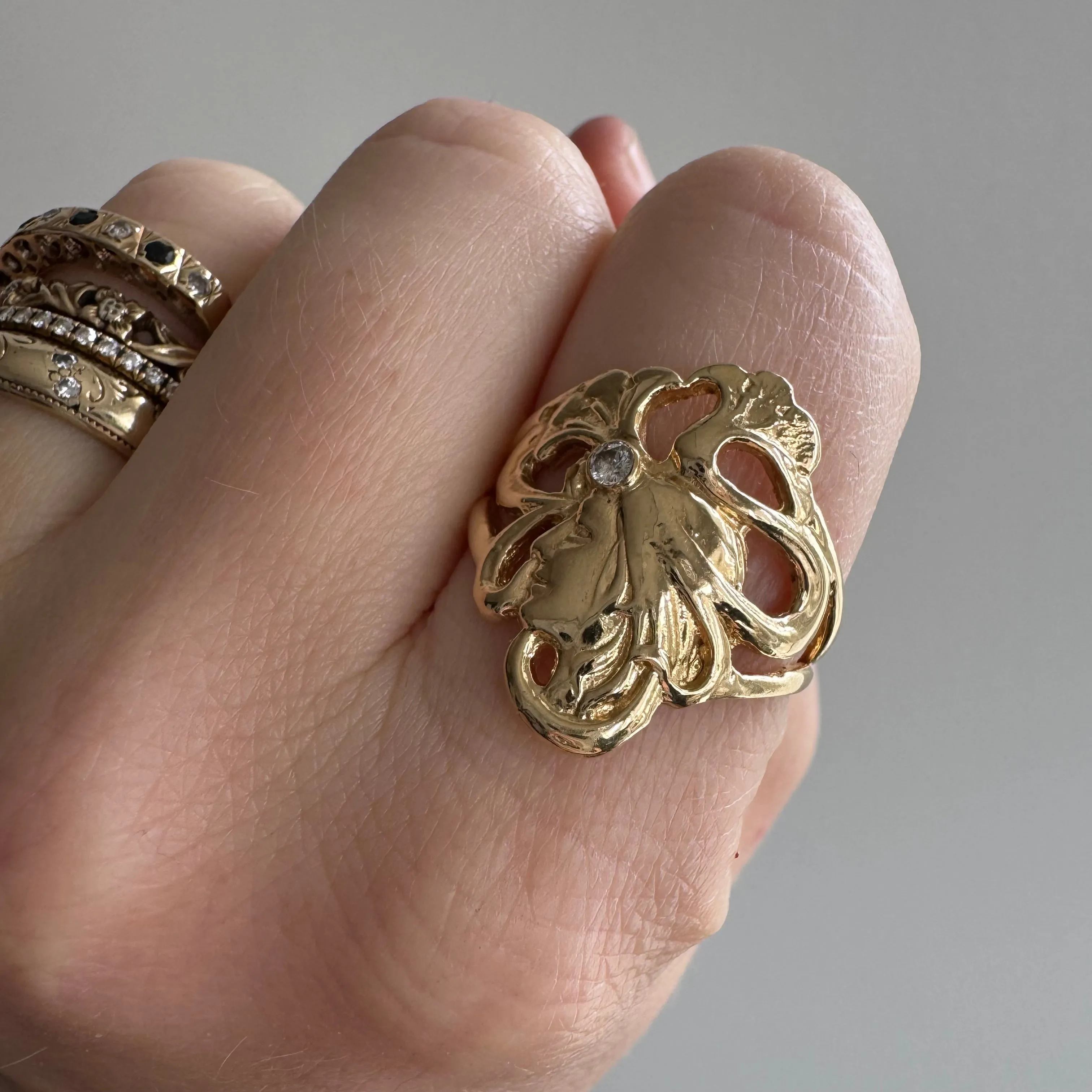 V I N T A G E // 1990s does 1930s / 14k and diamond ginko goddess ring / size 7.75