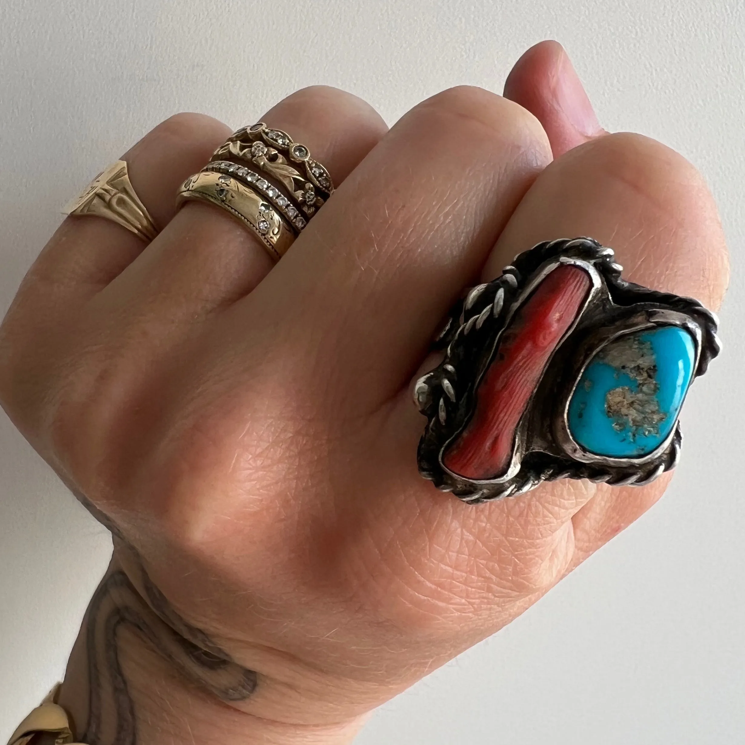 V I N T A G E // all roped up / sterling silver artisan ring with coral and turquoise / size 8