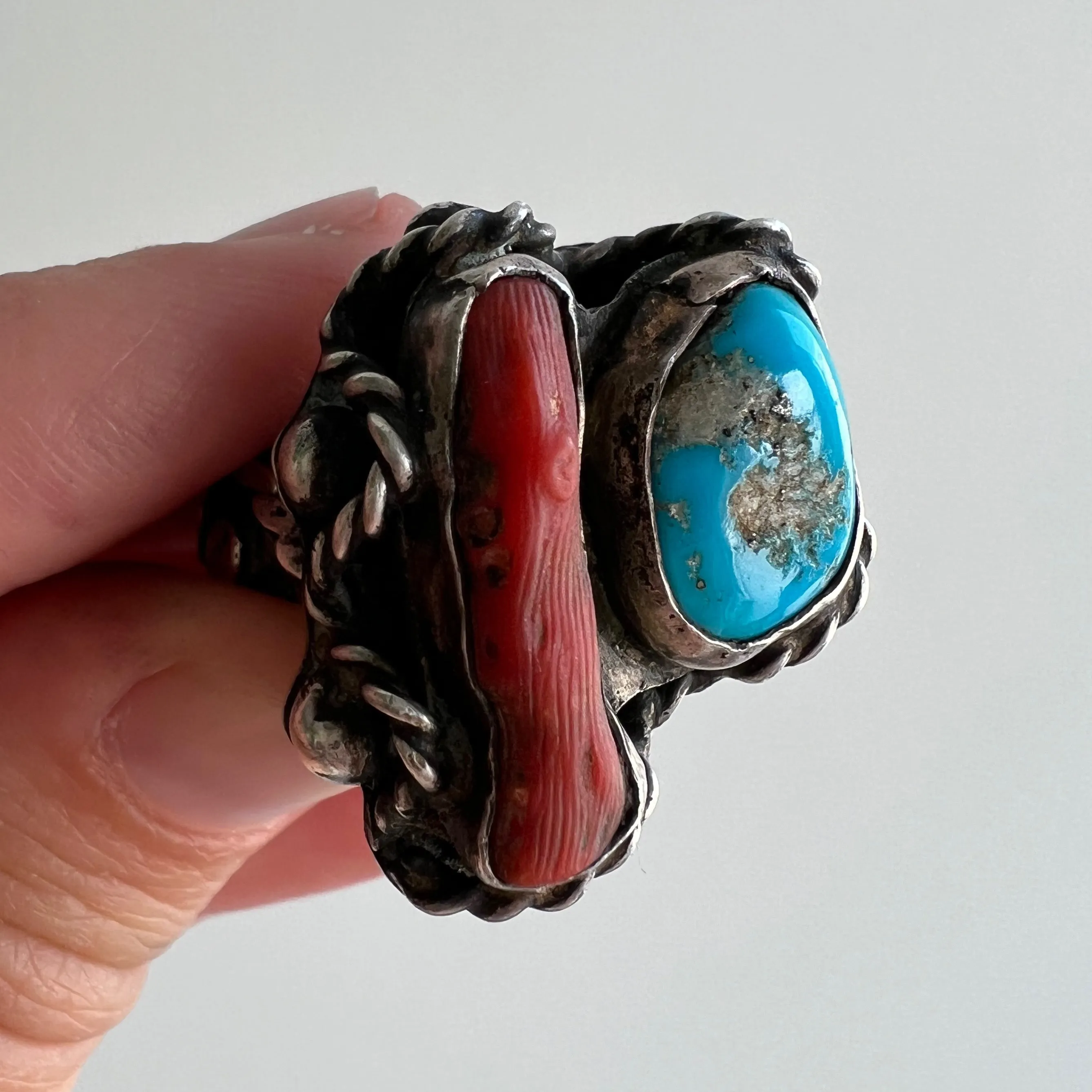 V I N T A G E // all roped up / sterling silver artisan ring with coral and turquoise / size 8