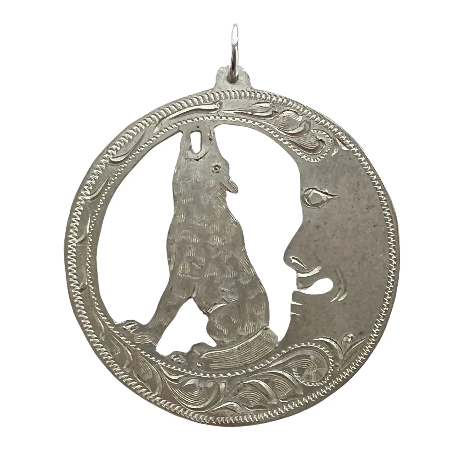 V I N T A G E // wolf and the moon / sterling silver moon and howling wolf / a large pendant