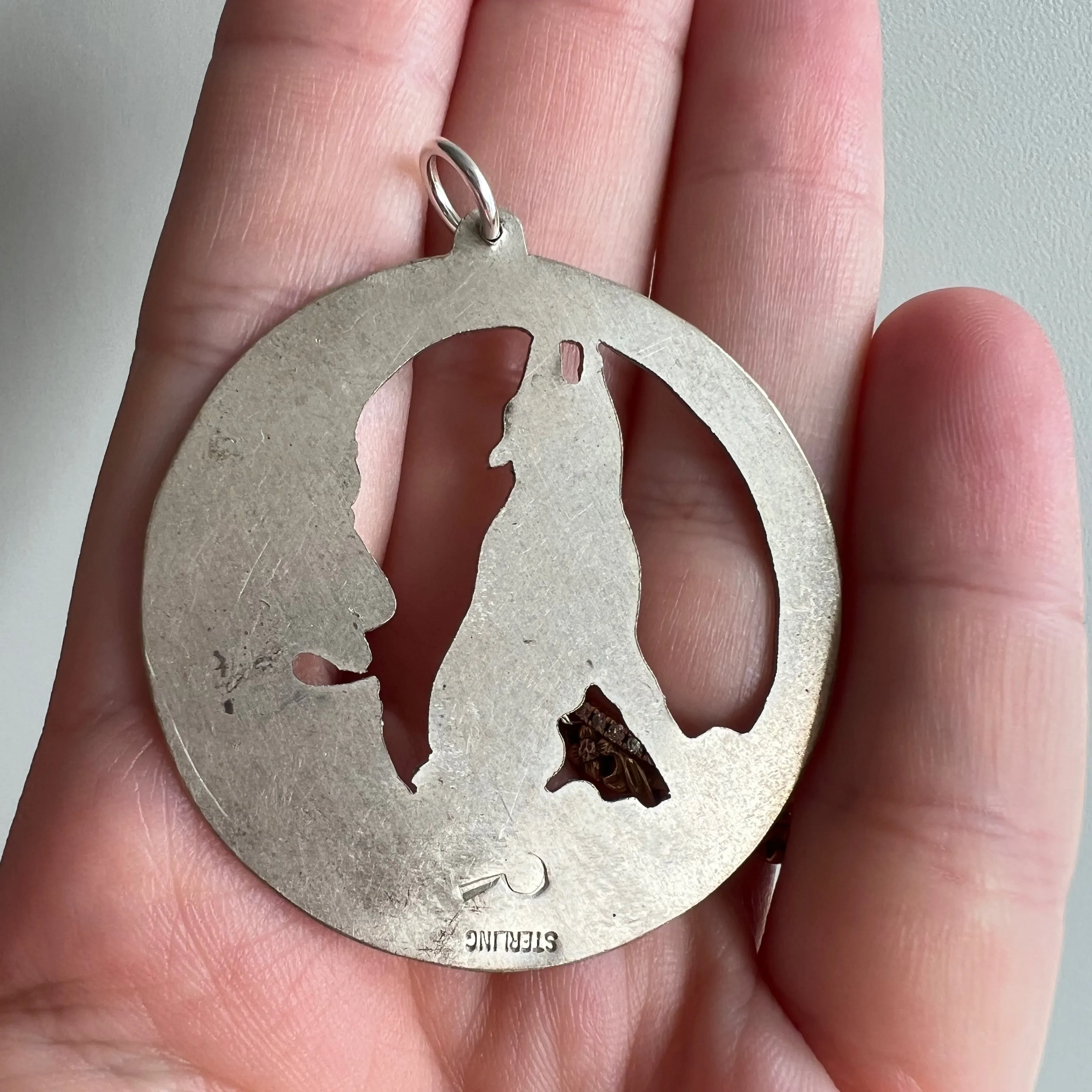 V I N T A G E // wolf and the moon / sterling silver moon and howling wolf / a large pendant