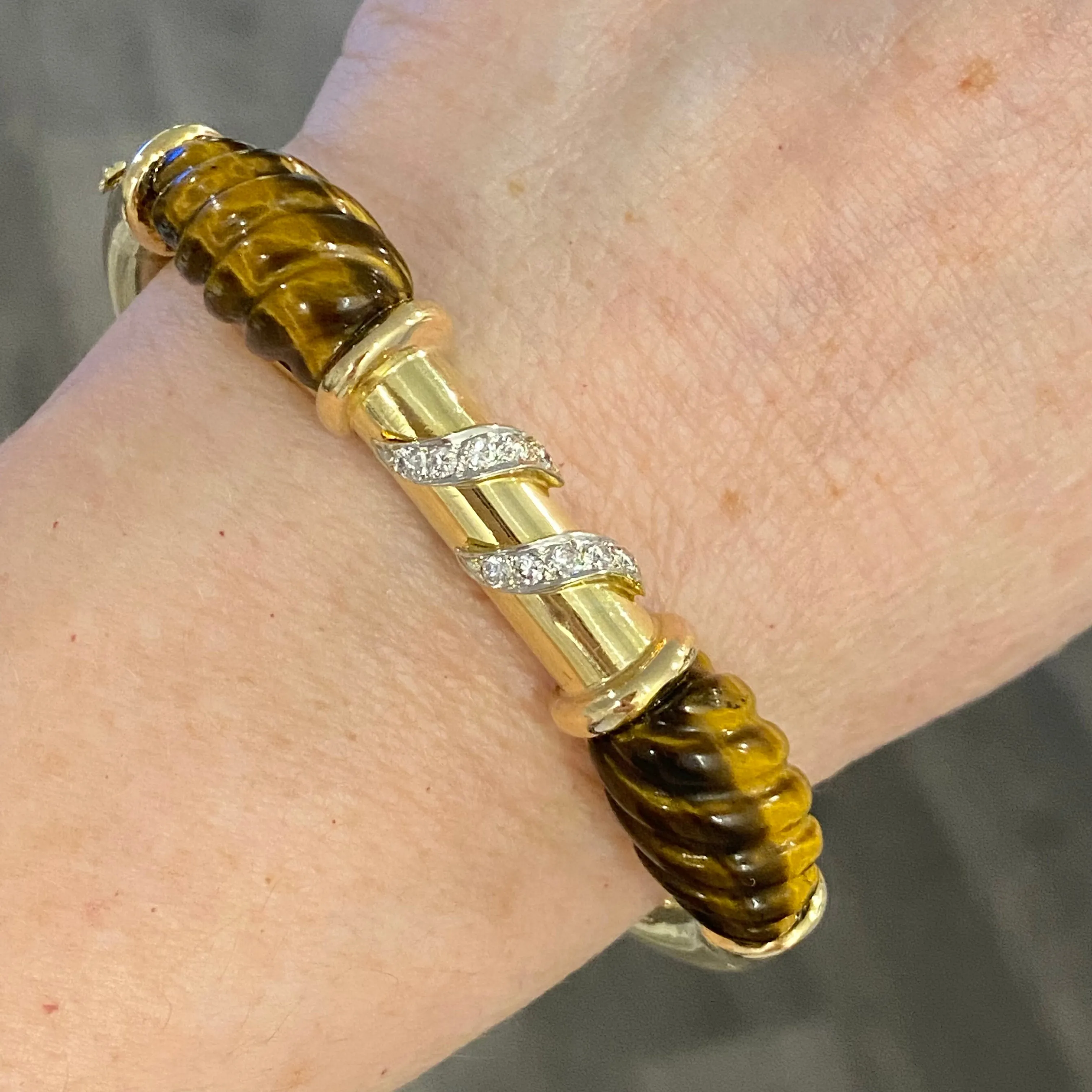 Vintage 14K Yellow Gold Tiger's Eye and Diamond Bangle Bracelet