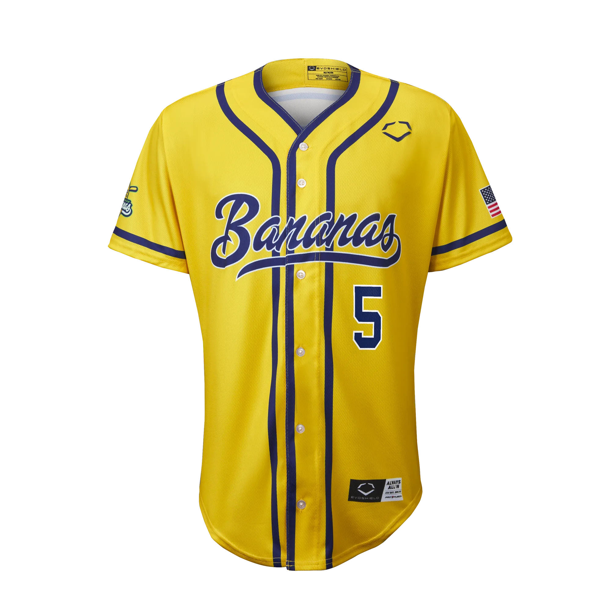 EvoShield #5 Youth Jersey in Vibrant Yellow with DR Meadows Design - Features Bananas Pattern